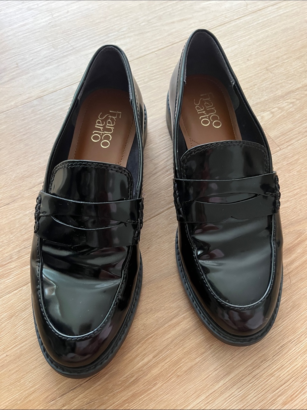 Franco Sarto Black Patent Leather Slip-On Penny Loafers